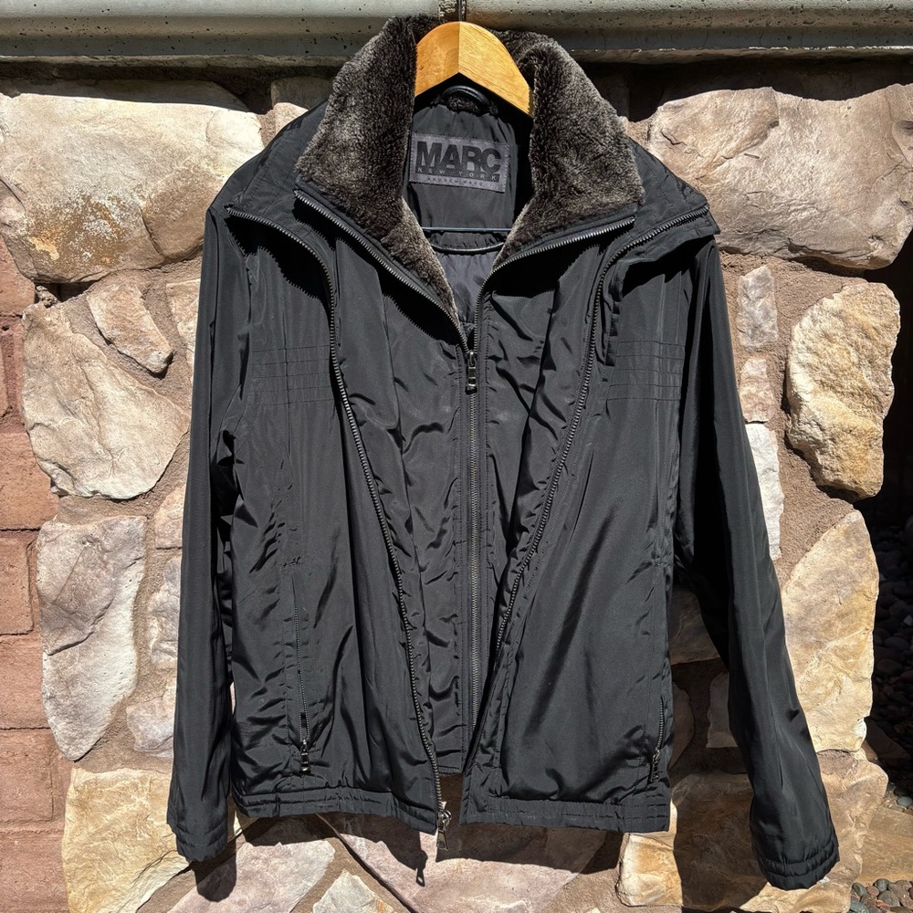 Marc New York Jacket Andrew Marc Men’s Medium Coat Faux Fur Collar Trim Black